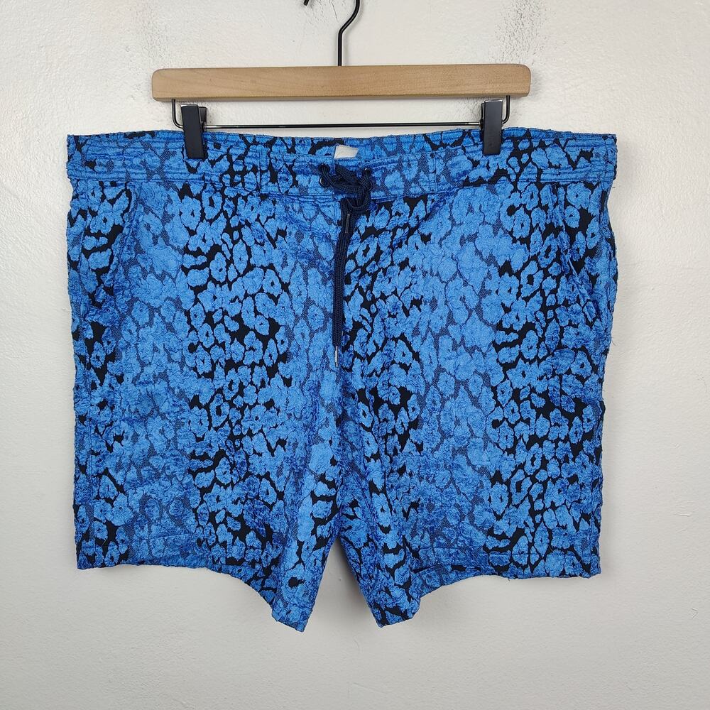 Moschino Swim Shorts Mens 42 Blue Metallic Leopard‎ Print Trunks Beach Glam